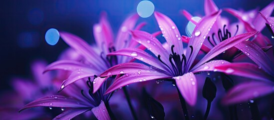 Poster - Nature photography close-ups of beautiful purple flowers in a garden, showcasing water droplets on petals. with copy space image. Place for adding text or design