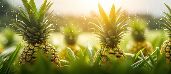 Aufkleber - Pineapples in the grass glow under the sunlight peering through the clouds, showcasing a vibrant crop. with copy space image. Place for adding text or design