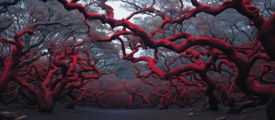 Poster - Red manzanita tree stands out amidst tangled woodland, with its many branches creating a striking contrast in the chaotic woods. with copy space image. Place for adding text or design