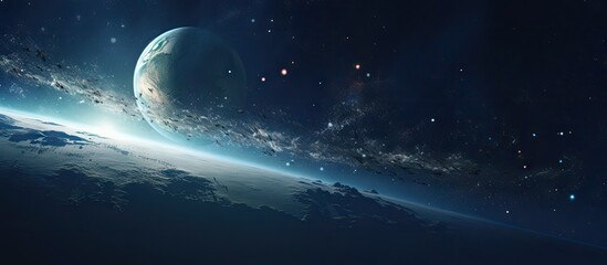 Poster - The planet Earth bathed in a brilliant light as seen from outer space, creating a stunning celestial spectacle. with copy space image. Place for adding text or design