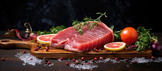 Poster - Freshly cut raw meat placed on a wooden cutting board accompanied by a variety of fresh vegetables and aromatic spices. with copy space image. Place for adding text or design