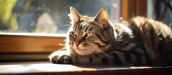 Poster - Tabby feline relaxing near window, basking in bright sunlight with high contrast. with copy space image. Place for adding text or design