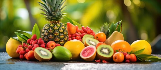 Aufkleber - Assorted array of fruits presented together, showcasing a colorful and appetizing selection. with copy space image. Place for adding text or design