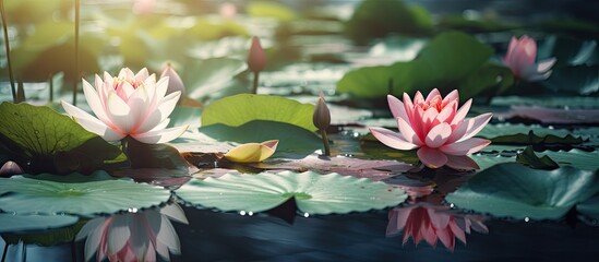 Aufkleber - Pink water lilies bloom gracefully in a serene pond, complemented by lush green leaves in a vintage setting. with copy space image. Place for adding text or design