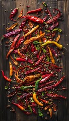 Poster - A vibrant collection of fresh and dried chili peppers, ranging in colors from red to yellow to green, are scattered on a rustic wooden surface. Generative AI