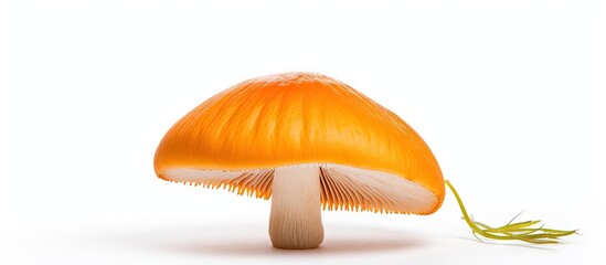 Poster - A tiny red mushroom is displayed on a simple white background. with copy space image. Place for adding text or design