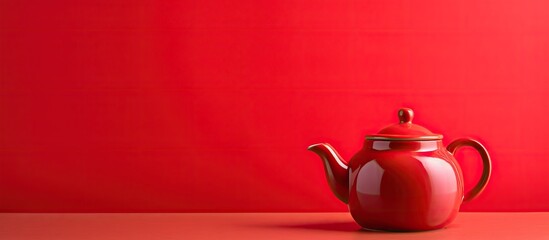 Aufkleber - Teapot placed on a table in front of a vibrant red wall. with copy space image. Place for adding text or design