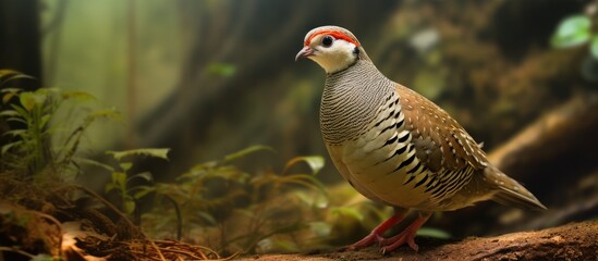 Fototapete - A bird is standing on a branch amidst the trees in its natural habitat, exemplifying Sabah Partridge Tropicoperdix graydoni in nature environment. with copy space image