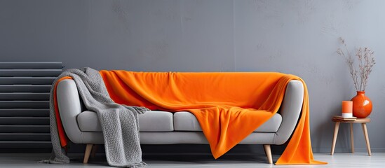 Aufkleber - Grey Scandinavian sofa with orange blanket in a living room with a grey wall. with copy space image. Place for adding text or design