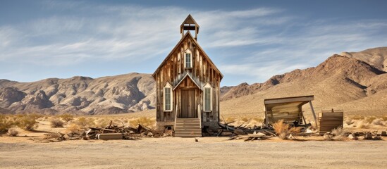 Poster - Old rustic church set in a barren desert with a backdrop of arid land and clear skies. with copy space image. Place for adding text or design