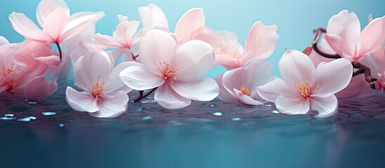 Aufkleber - Pink flowers on a branch submerged in water with a vibrant blue background. with copy space image. Place for adding text or design