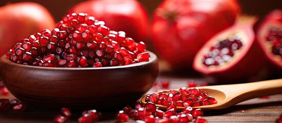 Poster - Wooden bowl contains ripe pomegranate seeds with a spoon on a table, perfect for making various sweet and savory dishes. with copy space image. Place for adding text or design