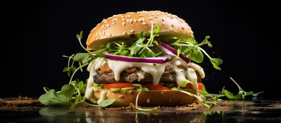 Poster - Close-up picture showing a hamburger topped with fresh lettuce, tomato, and melted cheese. with copy space image. Place for adding text or design