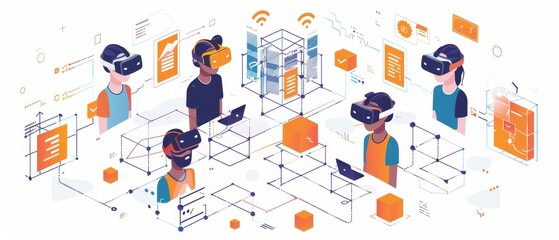 Group of people using virtual reality headsets connected through a digital network, showcasing futuristic and immersive technology concepts.