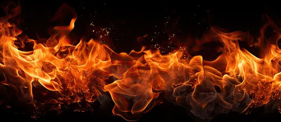 Poster - Flames of a fire burning vividly in contrast to a dark backdrop, showcasing the intense heat and energy. with copy space image. Place for adding text or design