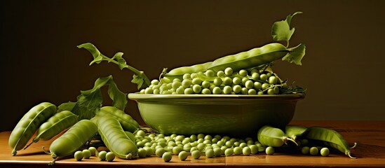Leinwandbilder - Bowl filled with peas arranged on a wooden table in a still life abstract composition. with copy space image. Place for adding text or design