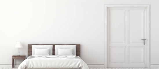 Poster - Modern bedroom interior featuring a bed and nightstand with an opened white door. with copy space image. Place for adding text or design