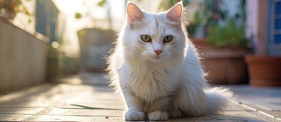 Aufkleber - Gray and white feline rests on floor, awaiting breakfast and enjoying outdoor play in morning light. with copy space image. Place for adding text or design