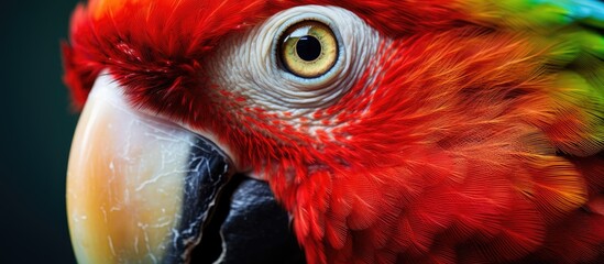 Poster - Vibrant parrot with striking red plumage and captivating green eye in focus, showcasing colorful feathers up close. with copy space image. Place for adding text or design