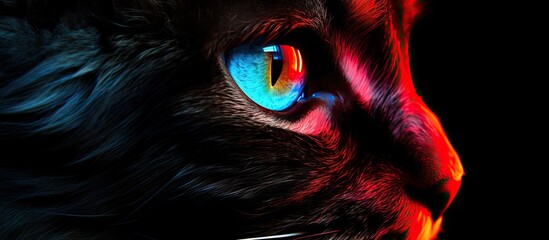 Aufkleber - The brightly colored eyes of a cat shine brightly in the dark, showcasing various hues and a captivating glow. with copy space image. Place for adding text or design
