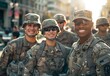 © TigerDude - Multiracial male soldiers in uniform smiling and posing for a photo, wearing sunglasses, outdoors on a city street