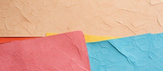 Poster - Assorted colored paper sheets displayed neatly on a flat surface. with copy space image. Place for adding text or design