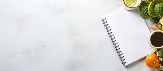 Aufkleber - Close-up of notepad with cup of coffee and various fruits laid out on a table. with copy space image. Place for adding text or design
