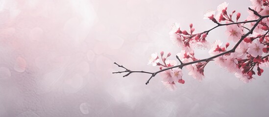 Fototapete - Blooming cherry blossoms on a tree branch stand out against a clean white background. with copy space image. Place for adding text or design