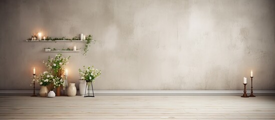 Leinwandbilder - A room setting featuring candles, flowers, a wall, and a shelf creating a tranquil ambiance. with copy space image. Place for adding text or design