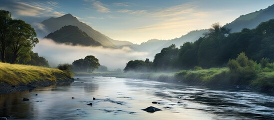Fototapete - The serene river gently meanders through the mountainous terrain, enveloped in the tranquil mist of early morning. with copy space image. Place for adding text or design