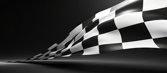 Poster - Close-up view of a checkered flag waving in the wind, symbolizing movement and victory on a racing track. with copy space image. Place for adding text or design