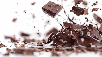 Wall Mural - Chocolate Pieces Cascading onto Rich Chocolate Sauce - 3D Render with Clipping Path and Realistic Texture for Graphic Designers. Stock Illustration.