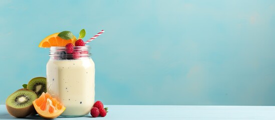 Poster - Close-up of a refreshing fruit smoothie in a glass with a straw and strawnnaise, perfect for a healthy drink choice. with copy space image. Place for adding text or design