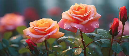Leinwandbilder - Pair of vibrant orange roses adorned with water droplets. with copy space image. Place for adding text or design