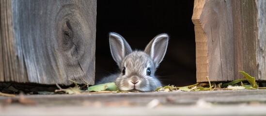 Aufkleber - Small gray rabbit found beneath a wooden shed in a detailed close-up image. with copy space image. Place for adding text or design