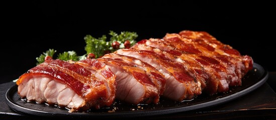 Aufkleber - Close-up view of a plate containing grilled meat alongside a side of broccoli. with copy space image. Place for adding text or design