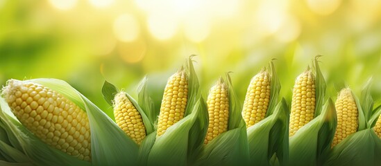 Fototapete - Rural field filled with ripe corn on the cob ready for harvest under the clear blue sky. with copy space image. Place for adding text or design