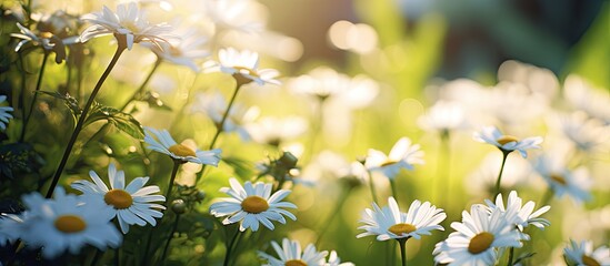 Fototapete - Field filled with many white flowers basking in the sunlight, with a close-up view of an overgrown daisy patch. with copy space image. Place for adding text or design