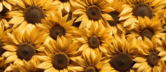 Poster - Vivid sunflowers in close-up, showcasing bright yellow petals and contrasting dark centers. with copy space image. Place for adding text or design