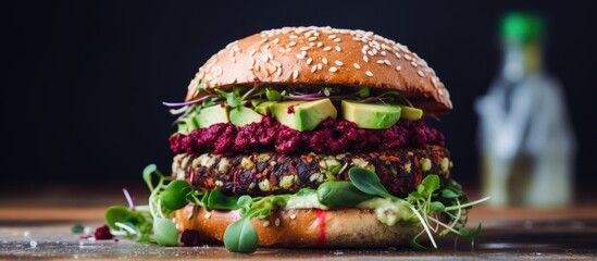 Aufkleber - Burger highlighted in close-up view showcasing fresh lettuce, creamy avocado, and juicy tomato slices. with copy space image. Place for adding text or design
