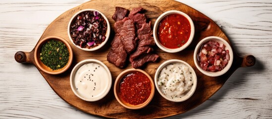Leinwandbilder - Assorted sauces and meats displayed on a wooden board, offering a variety of flavors and choices. with copy space image. Place for adding text or design
