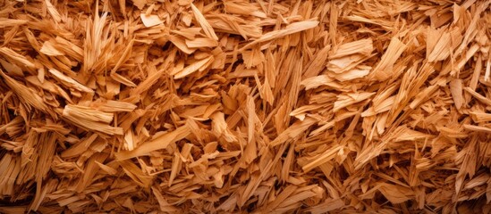Fototapete - Close-up view of a stack of wood chips, showcasing the texture and details of pressed brown shavings. with copy space image. Place for adding text or design