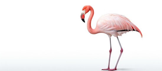 Poster - Pink flamingo standing gracefully on a plain white background. with copy space image. Place for adding text or design