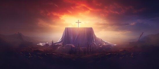 Poster - Cross on hill with sky background, Resurrection of Jesus Christ tomb empty with shroud and crucifixion at sunrise with abstract magic lights. with copy space image. Place for adding text or design