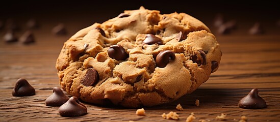 Poster - Tempting chocolate chip cookies arranged on a rustic wooden table, showcasing delightful chocolate morsels scattered around. with copy space image. Place for adding text or design