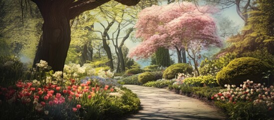 Poster - Scenic garden pathway surrounded by vibrant flowers in bloom, creating a picturesque spring scene with an artistic touch. with copy space image. Place for adding text or design