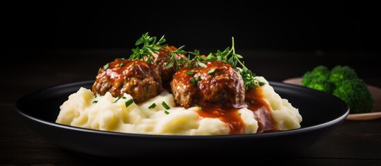 Aufkleber - Meatballs in savory gravy served with a side of creamy mashed potatoes on a plate. with copy space image. Place for adding text or design