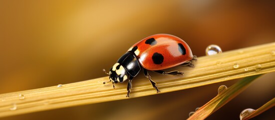 Fototapete - Ladybug sits on green grass stem in golden autumn field, breezed by wind, creating a serene scene of nature. with copy space image. Place for adding text or design