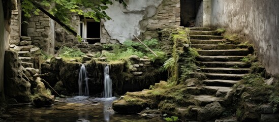 Aufkleber - Flowing water from a small waterfall peacefully meandering between two city buildings. with copy space image. Place for adding text or design