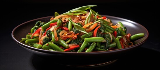 Aufkleber - Bowl filled with a delicious mix of stir-fried vegetables, including mushrooms and peppers. with copy space image. Place for adding text or design
